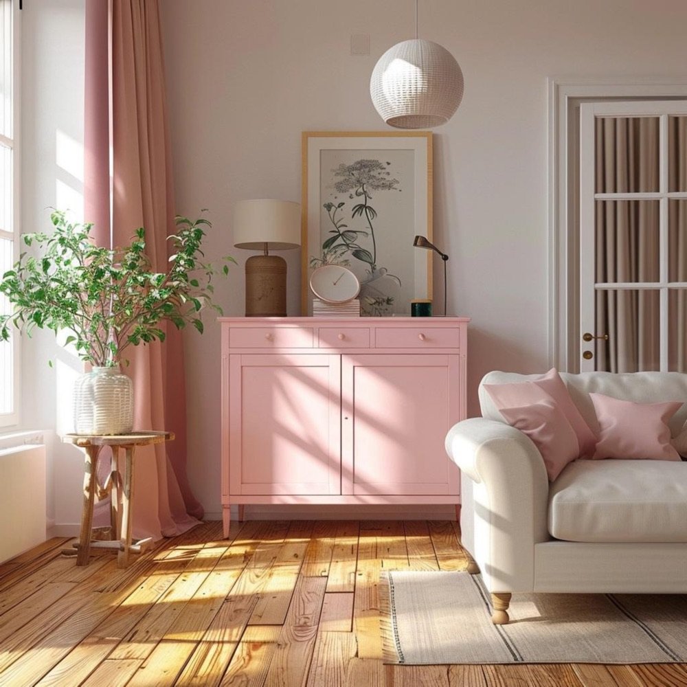 Bright pink-toned living room with a sofa
