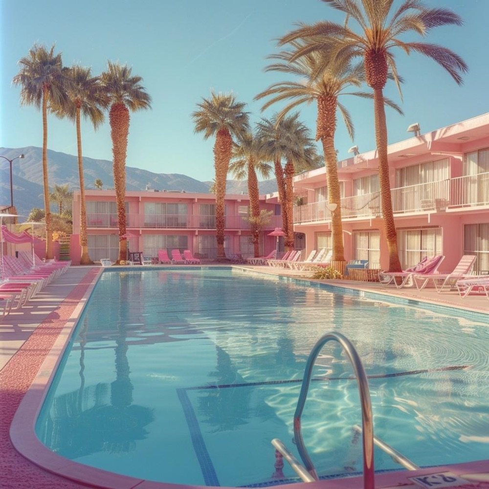 Palm trees and a pink hotel beside a turquoise pool