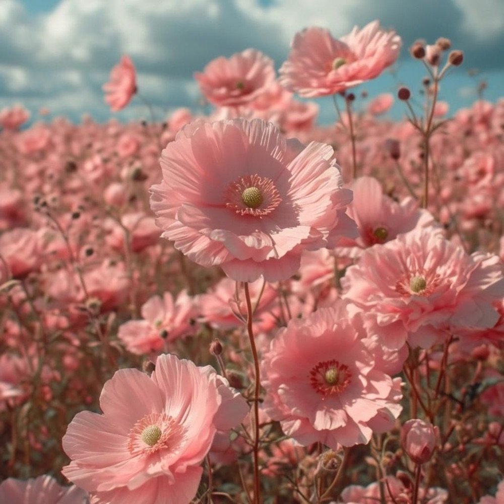 Field of soft pink flowers at sunset