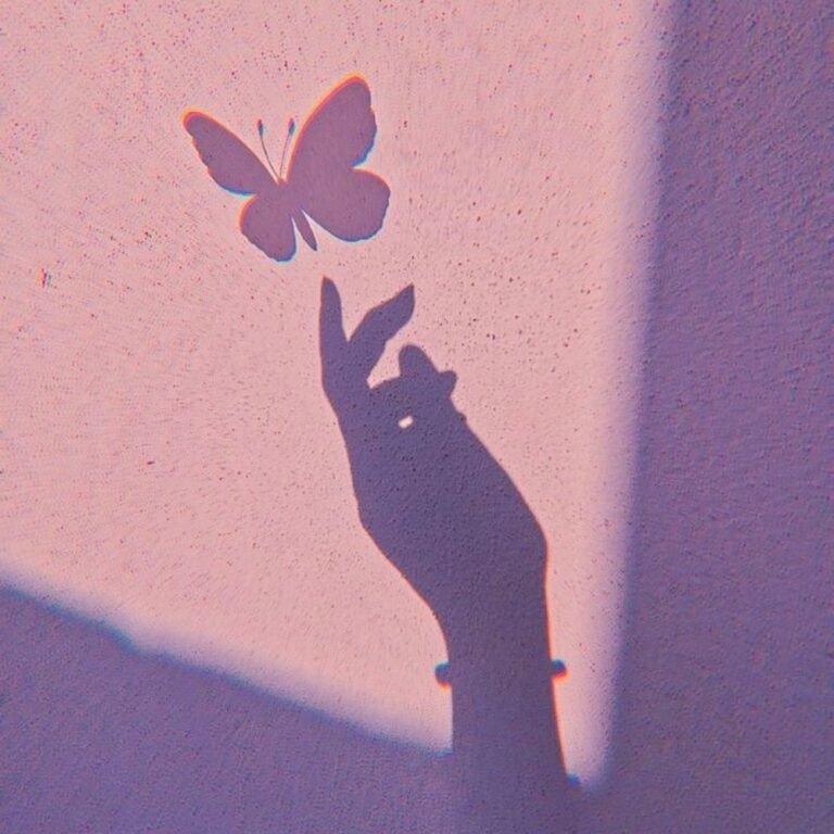 Shadow of a hand and a butterfly on a lilac wall