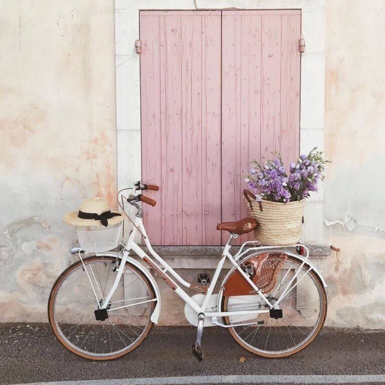 Pink door with a white bicycle and lavender