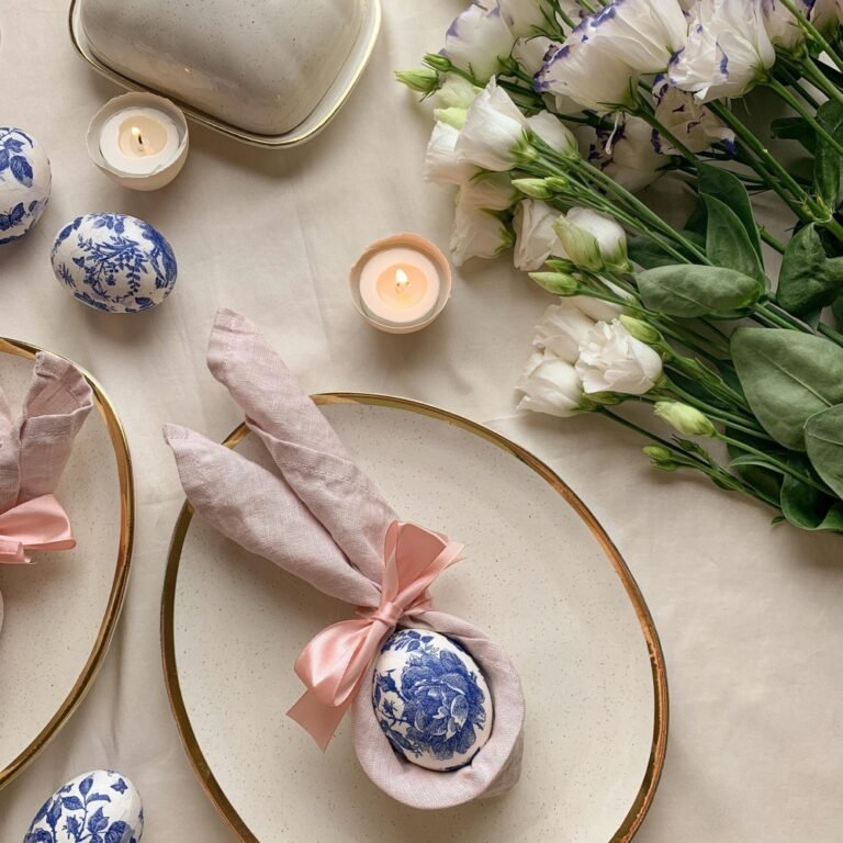 Pink and blue tablescape with flowers