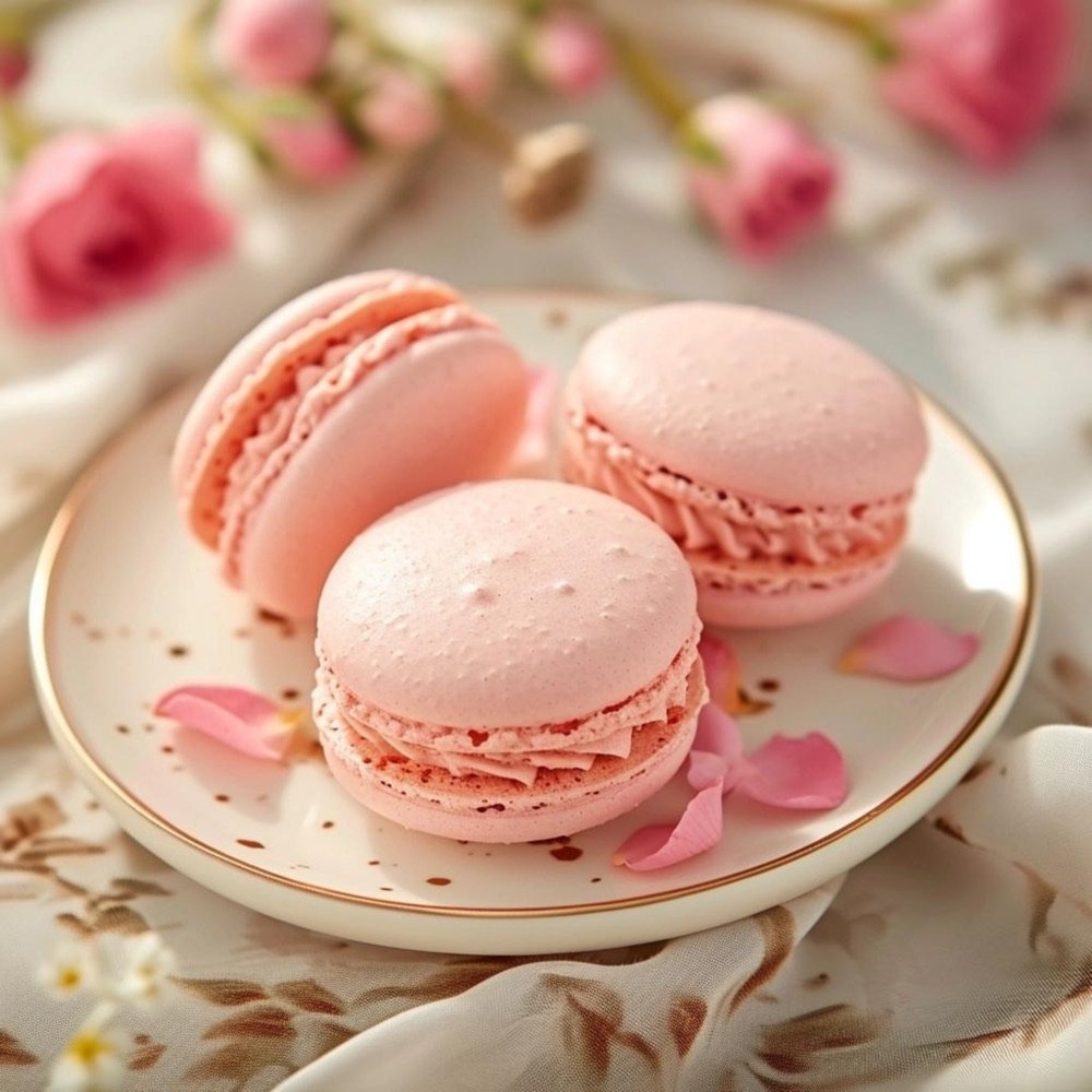 Pink macarons on a gold-rimmed plate