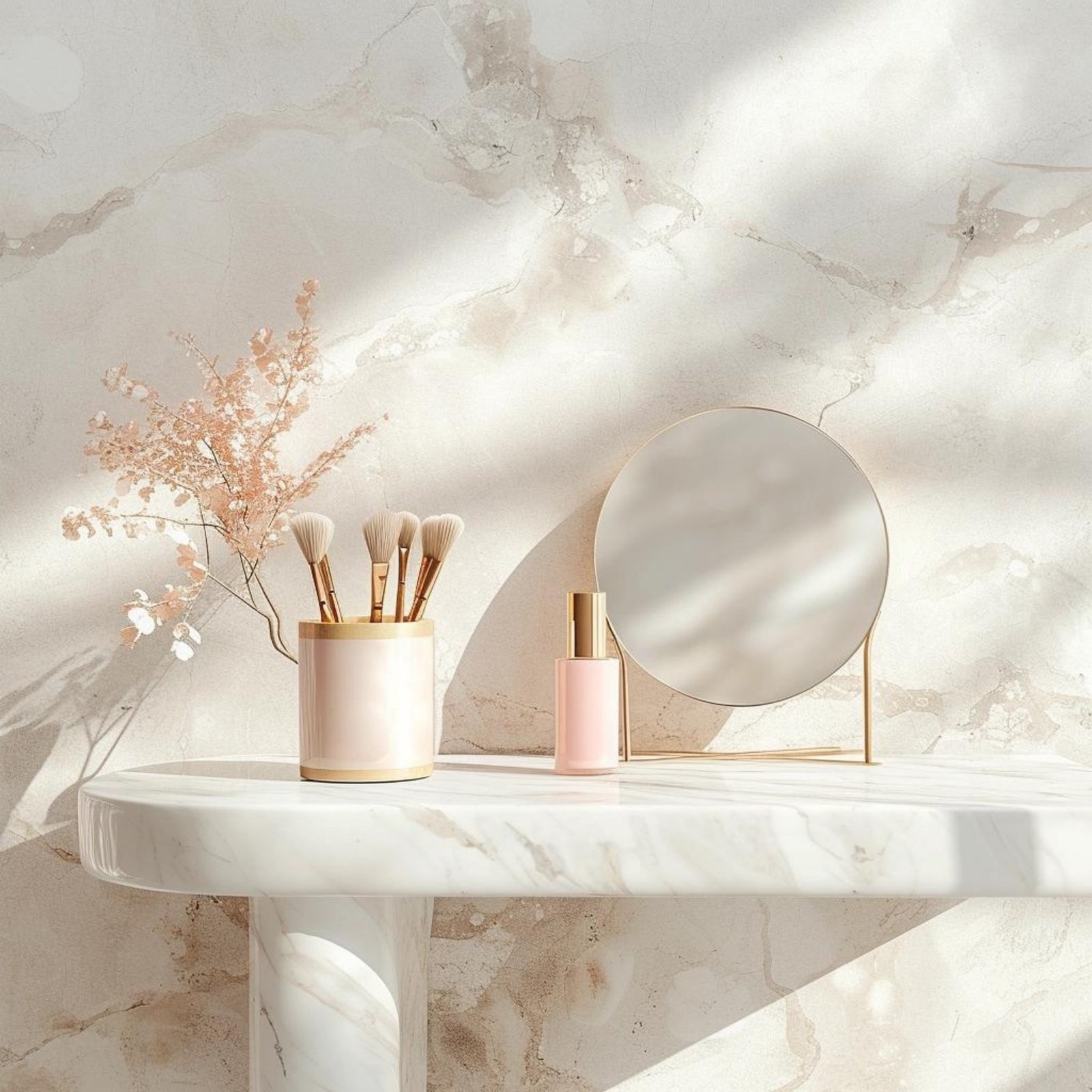 White vanity table with a round mirror in soft sunlight