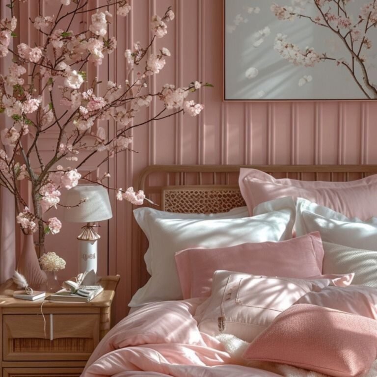 Pink bedroom with silky sheets and blossom