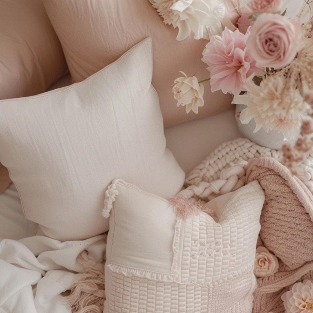 Soft cream pillows and roses on a bed