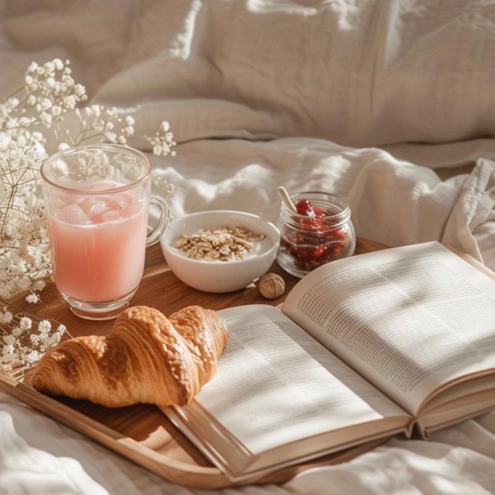 Book, tea and pastries on cozy bedding