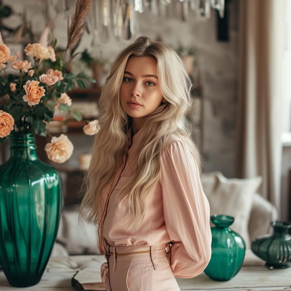Woman in a cream outfit inside a flower boutique