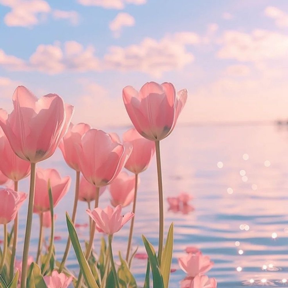Pink tulips with the sea and a sunset behind them