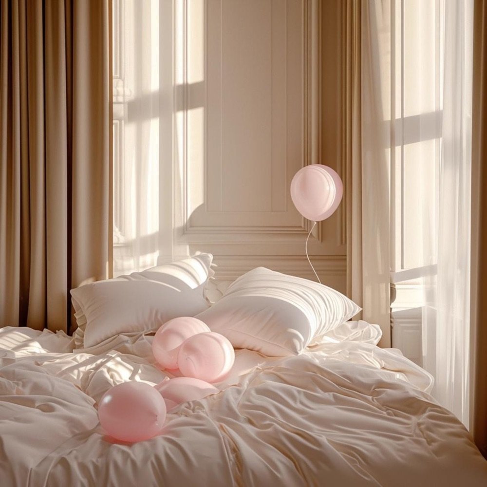 Cozy bed with fluffy pillows by a sunny window