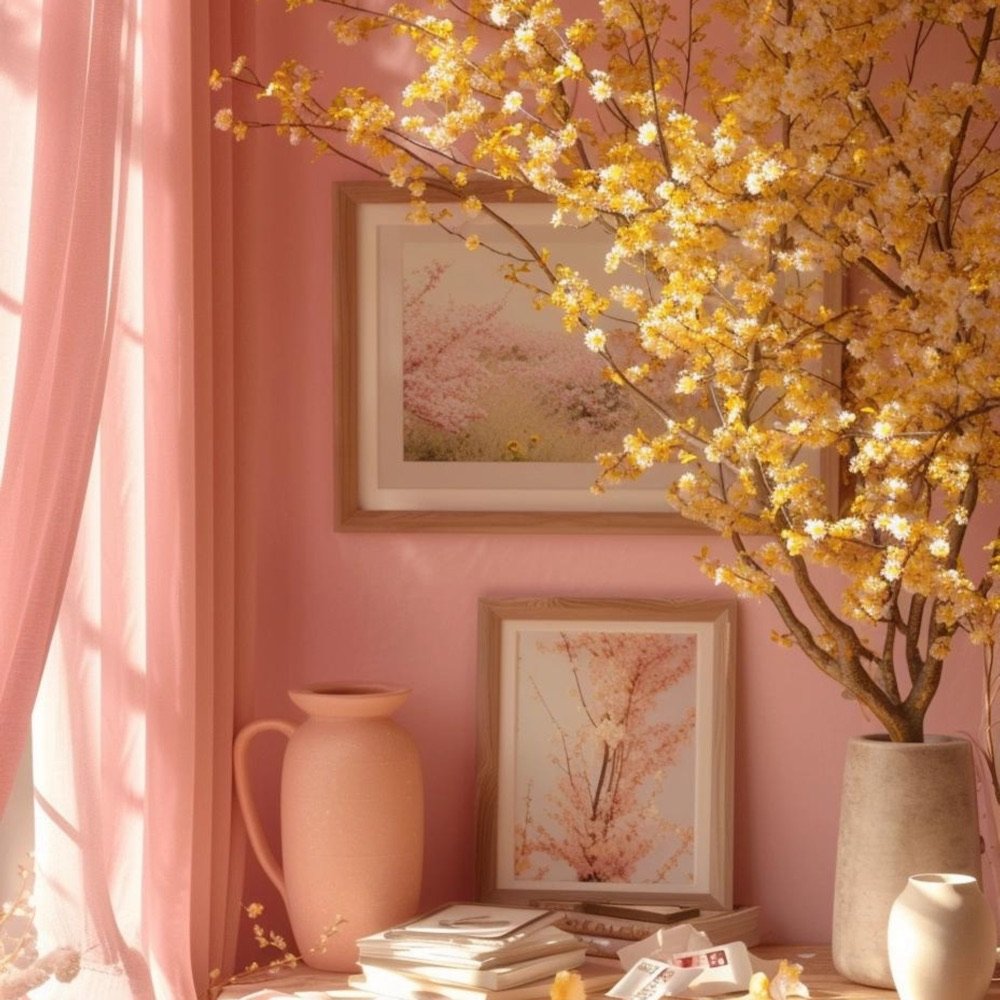 Pink room with dried flowers in a vase