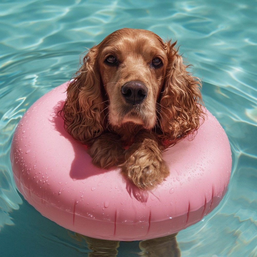 Spaniel floating on a pink pool ring