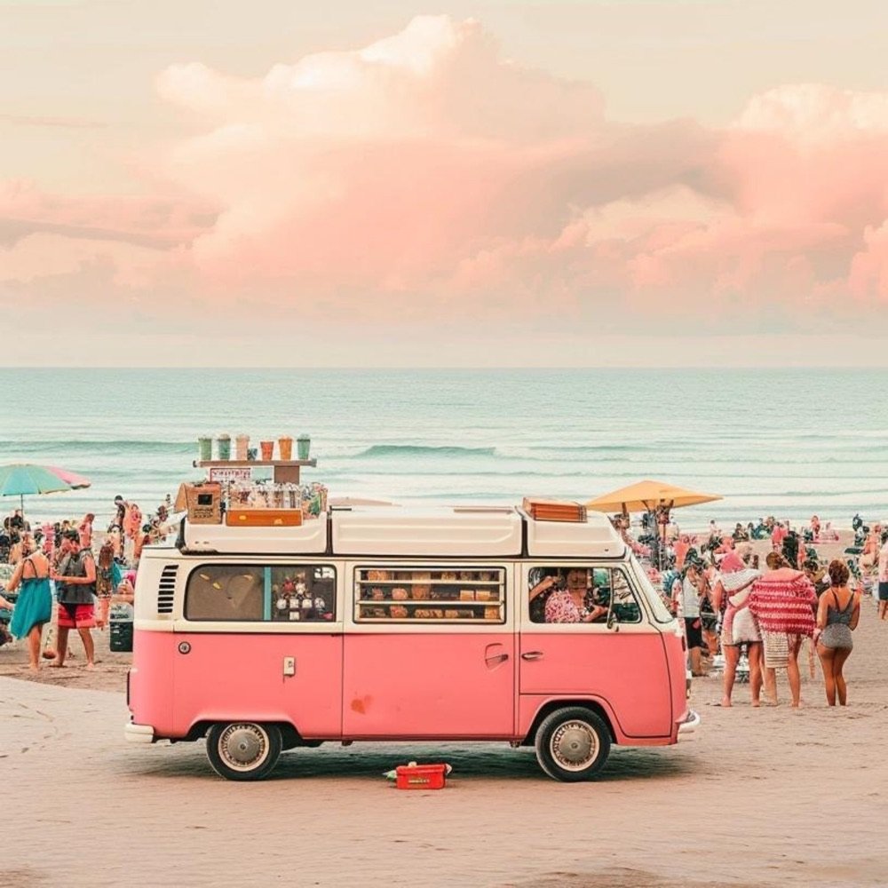 Pink camper van parked by the beach