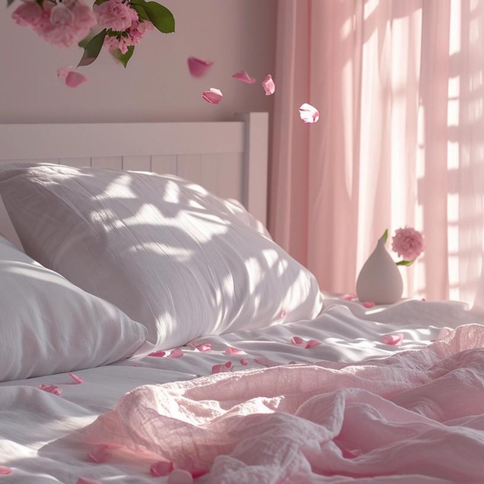 Pink silk bedding in soft morning light