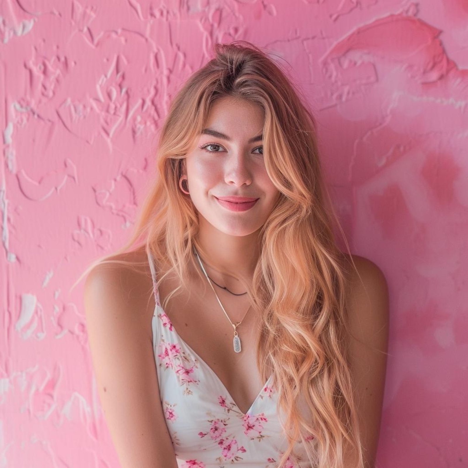 Smiling blonde woman in a pink dress against a pink wall