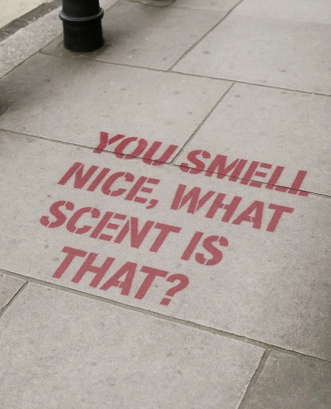 Pink stencil on a pavement that reads: You smell nice, what scent is that?